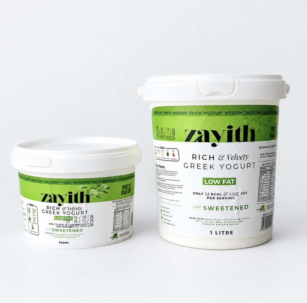 Zayith Low-Fat Sweetened Greek Yogurt in 500ml and 1 litre tubs