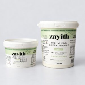 Zayith Low-Fat Unsweetened Greek Yogurt in 500ml and 1 litre tubs