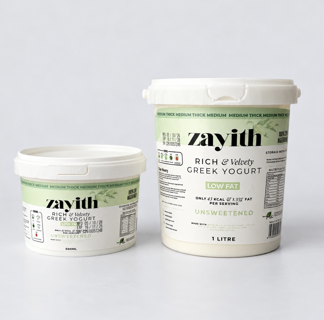 Zayith Low-Fat Unsweetened Greek Yogurt in 500ml and 1 litre tubs