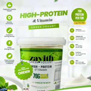 Zayith High Protein & Vitamin Sweetened Greek Yogurt 1 litre tub, 70g protein per tub with vitamins A, D3, iron, calcium and zinc