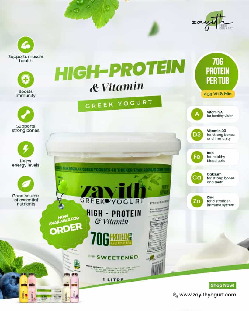 Zayith High Protein & Vitamin Sweetened Greek Yogurt 1 litre tub, 70g protein per tub with vitamins A, D3, iron, calcium and zinc