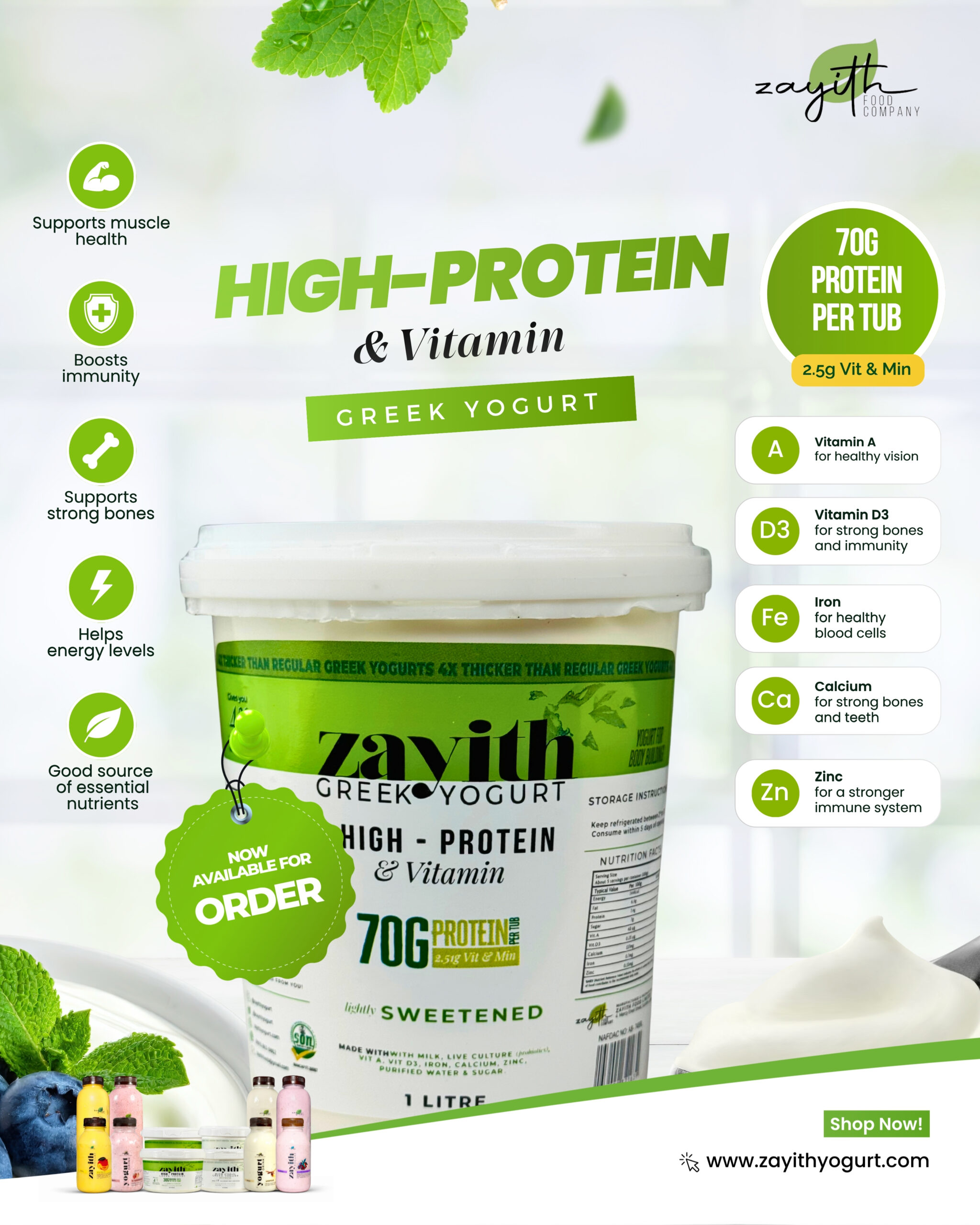 Zayith High Protein & Vitamin Sweetened Greek Yogurt 1 litre tub, 70g protein per tub with vitamins A, D3, iron, calcium and zinc