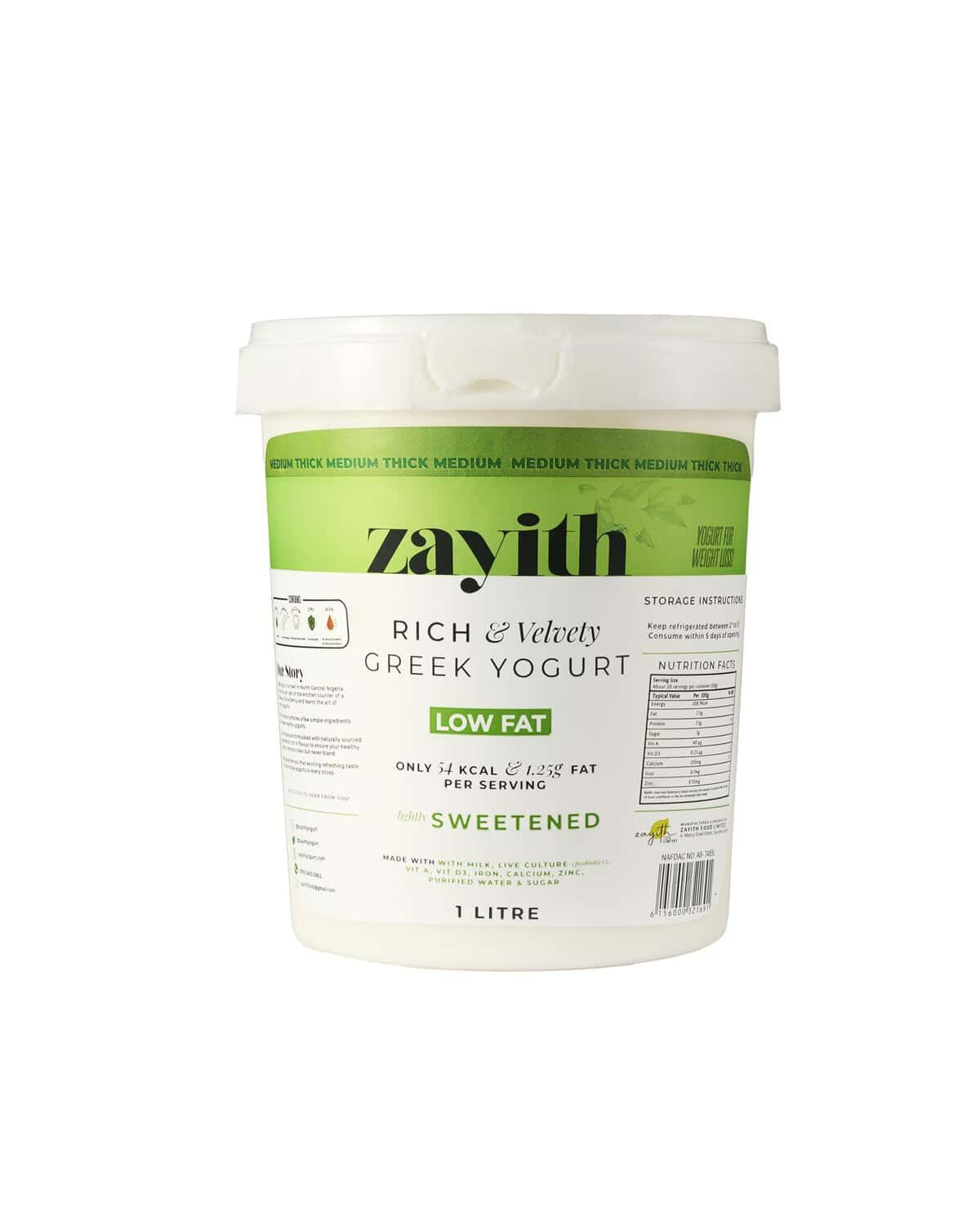 Zayith Low-Fat Sweetened Greek Yogurt 1 litre tub