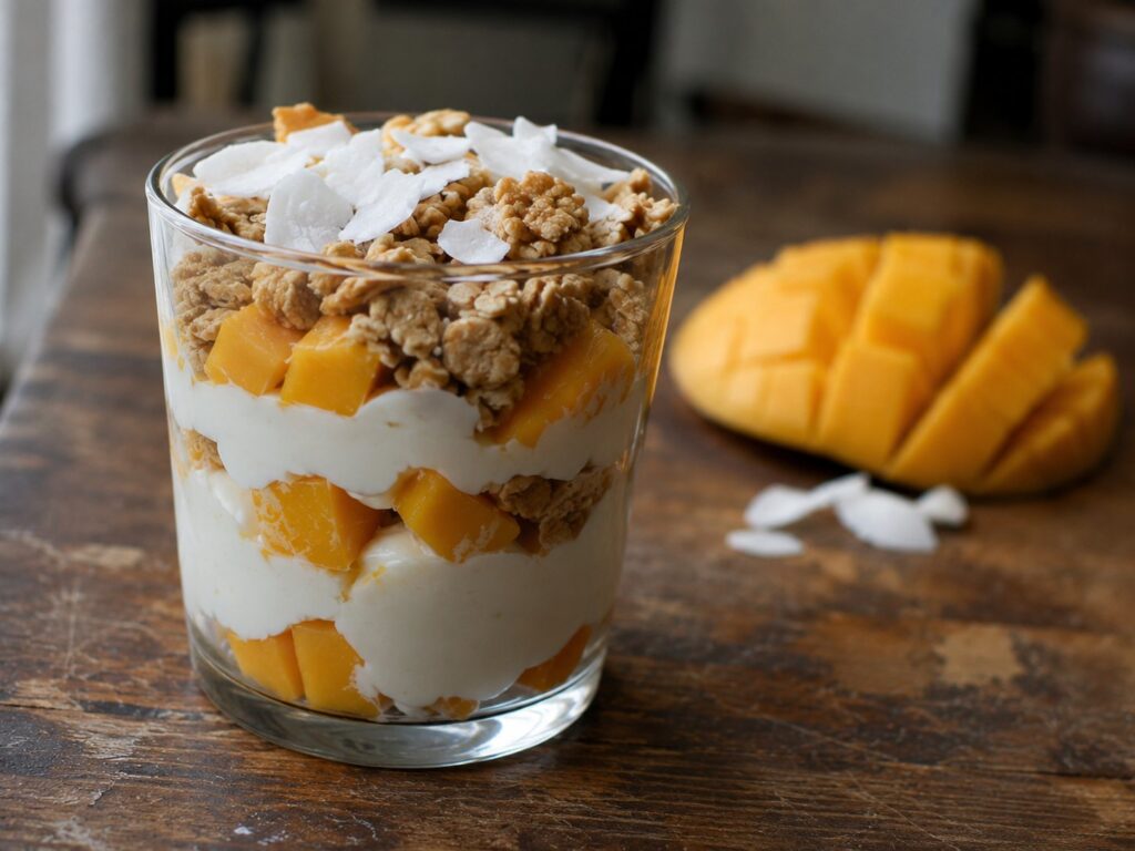 A Greek yogurt parfait layered with mango, granola and coconut flakes in a glass
