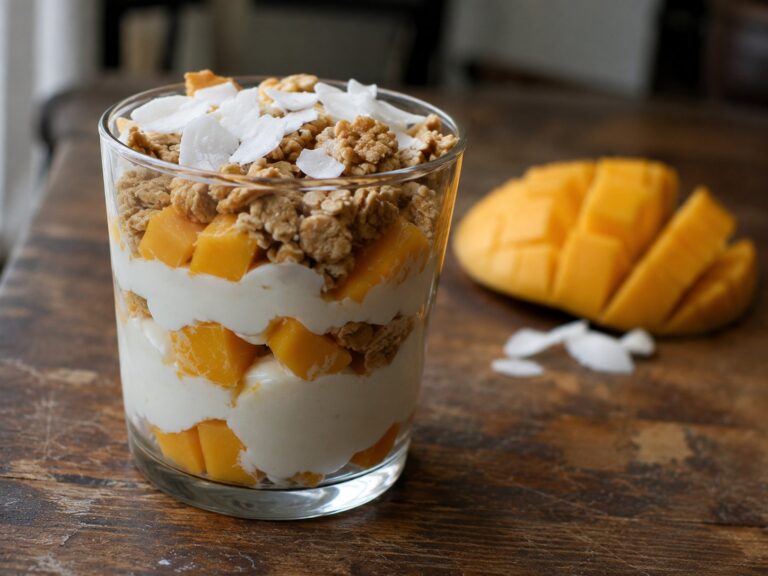 A Greek yogurt parfait layered with mango, granola and coconut flakes in a glass