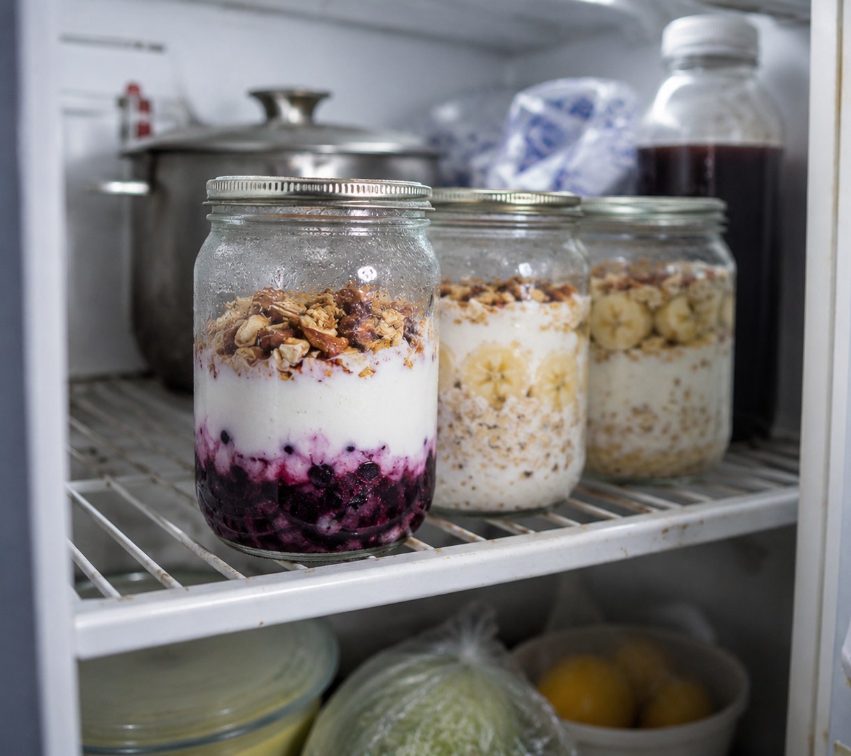 Three yogurt parfaits in sealed jars stored in a fridge
