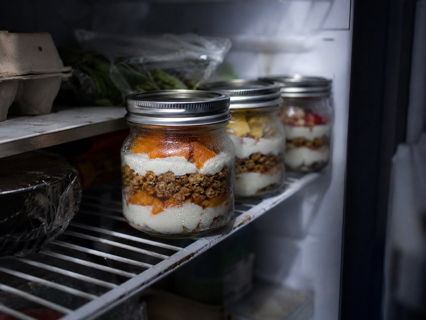 Three yogurt parfaits in sealed jars stored in a fridge