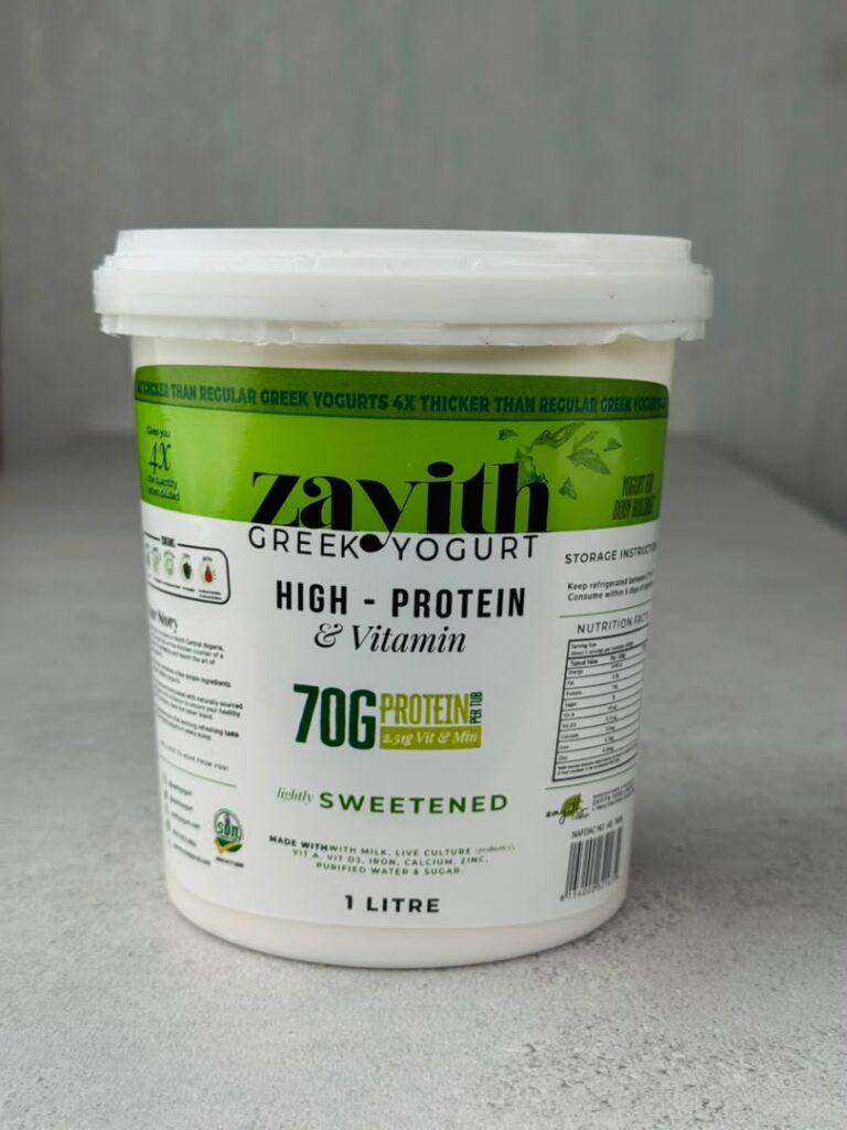 Zayith High Protein & Vitamin Sweetened Greek Yogurt 1 litre tub showing the nutrition label