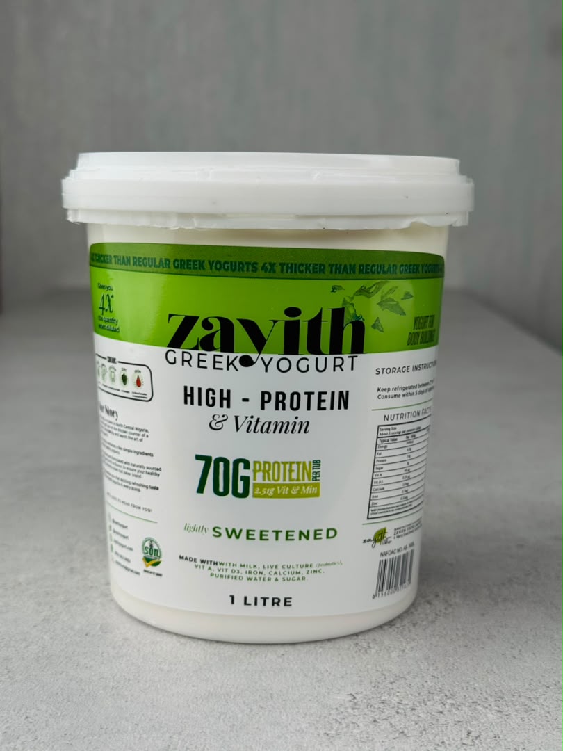 Zayith High Protein & Vitamin Sweetened Greek Yogurt 1 litre tub showing the nutrition label