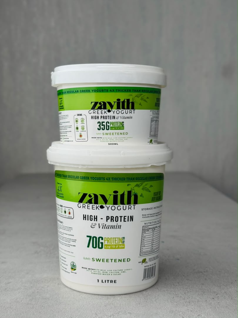 Zayith High Protein & Vitamin Sweetened Greek Yogurt, 500ml and 1 litre tubs