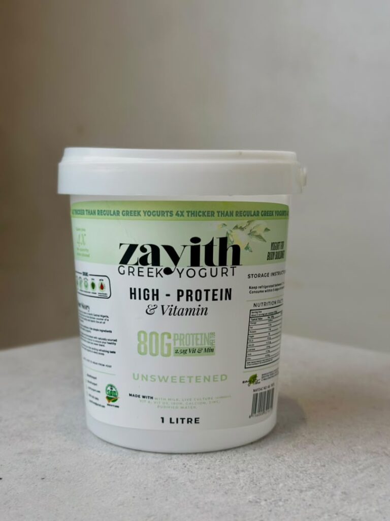Zayith High Protein & Vitamin Unsweetened Greek Yogurt 1 litre tub showing the nutrition label