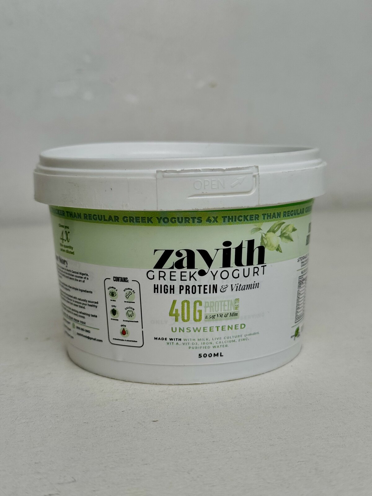 Zayith High Protein & Vitamin Unsweetened Greek Yogurt, 500ml tub