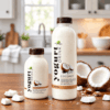 Two bottles of Zayith Coconut Yogurt Drink on a kitchen table with fresh coconut halves