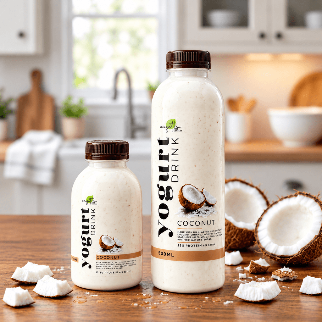 Two bottles of Zayith Coconut Yogurt Drink on a kitchen table with fresh coconut halves